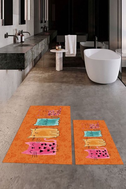 EY HOME Printed Washable Non-Slip Colorful Cats Patterned Double Bathroom Rug Toilet Set