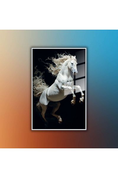 GAAGART Masă de sticlă cu cadru metalic Şaha Shield White Horse Image