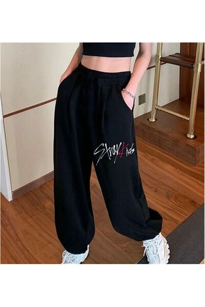 HANUİKİ Stray Kids Baskılı Oversize Unisex Siyah Eşofman Altı