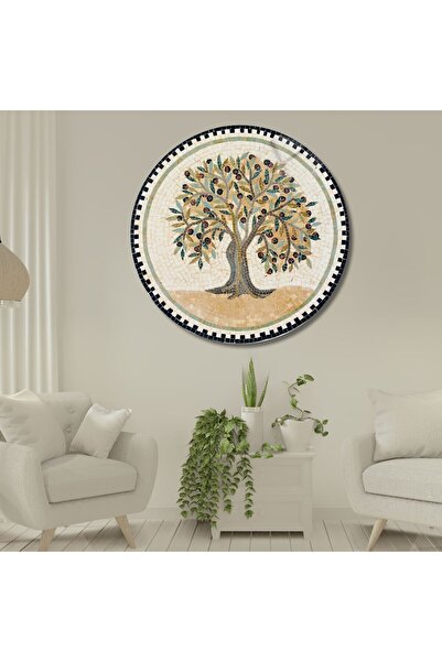GAAGART Yuvarlak Temperli Gerçek Cam Tablo Mozaik Görünümlü Zeytin Ağacı