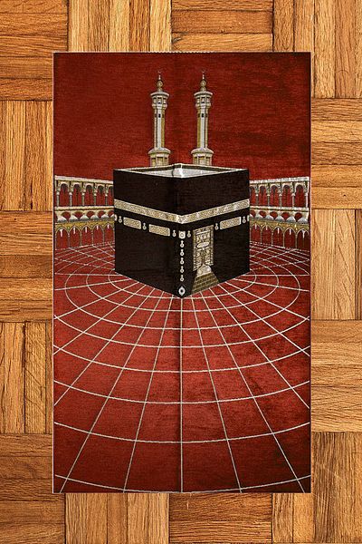 EY HOME Covor de rugăciune elegant, lavabil, imprimat digital, cu motiv Kaaba, 70x130, Seccade-48-roșu,