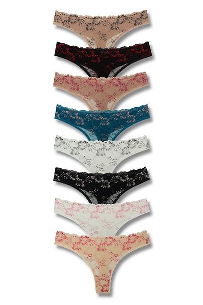 HNX 8-Piece Front Lace Back Double Layer Cotton Thong Women's Panties