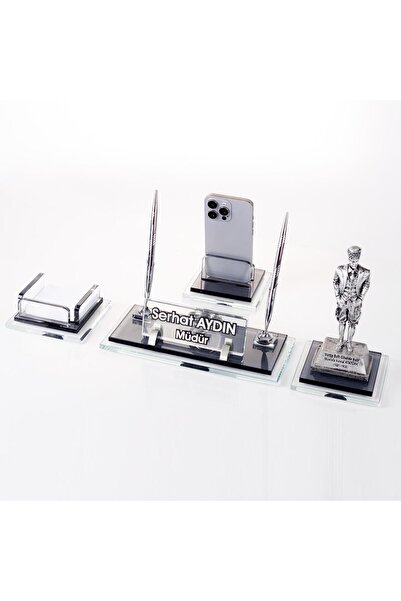 Ofistike Prime Atatürk Biblolu Kristal Masaüstü İsimlik Seti Ofis Hediyesi Ma...