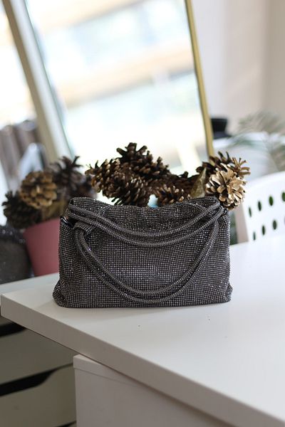 Moom Bag Πλατινένια γυναικεία βραδινή τσάντα φορέματος - Διπλή λαβή και ένθετο πέτρας