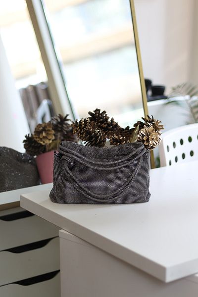 Moom Bag Πλατινένια γυναικεία βραδινή τσάντα φορέματος - Διπλή λαβή και ένθετο πέτρας