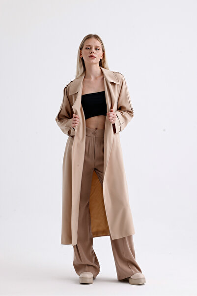 DOLCEBELLA Kadın Bornoz Fleto Cepli Ekru Trençkot