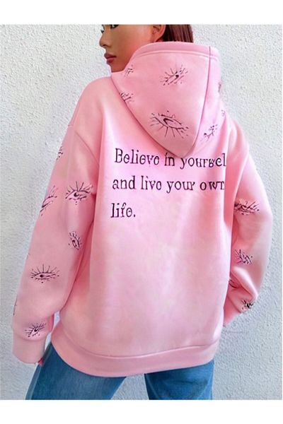 MOONBULL Believe in Yourself Women's Oversize Hooded Sweatshirt - Back Print and Sleeve Pattern