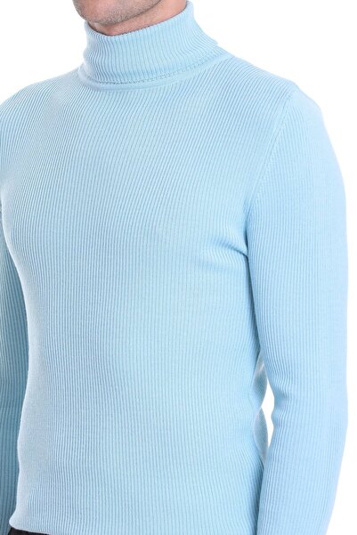Hatemoğlu Mavi Slim Fit Fitilli Balıkçı Yaka Yünlü Triko Kazak