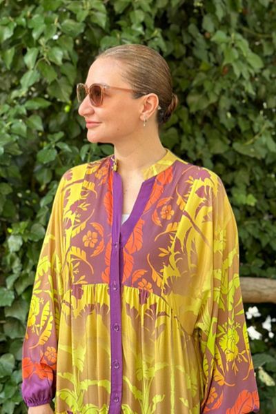 AYASOFYA OTANTIK Yellow Long Dress - Button Detail, Design Cut, Long Sleeve