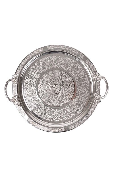 BŞK VİRGO Bakır 35cm El Işi Sunum Servis Tepsisi 35cm Otantik Görünümlü Kulplu