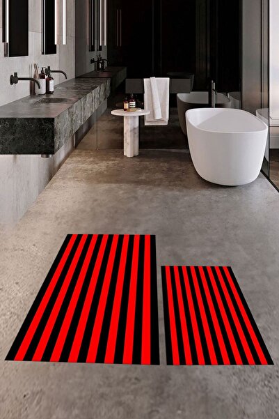 EY HOME Digital Printed Washable Non-Slip Striped Modern Double Bathroom Carpet Mat Toilet Set