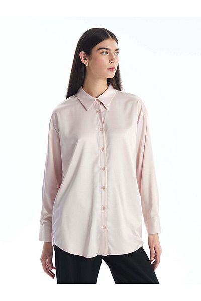 LC Waikiki Satin Damen Hemd Tunika - Einfarbig Langarm LCW