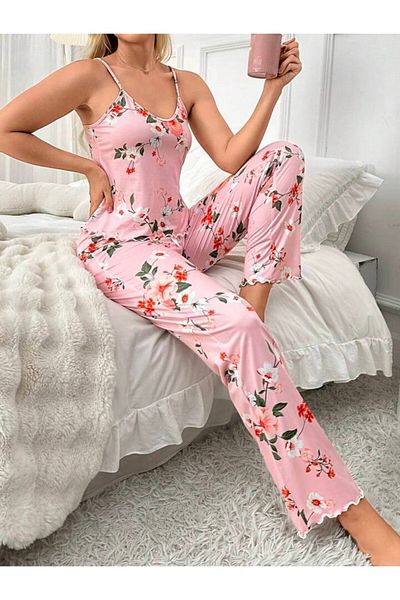MEYLİYA Powder Flower Printed Women's Suspender Pajamas Suit Elegant Stylish