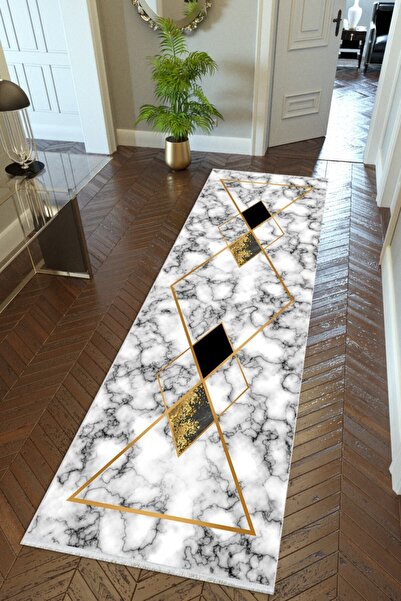 10 Post Online Gold Gray and Black Thin Digital Printed Runner - Non-Slip Base, Cutting Washable