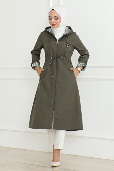 Genel Markalar Kapşonlu Fermuarlı Trençkot Haki 19205