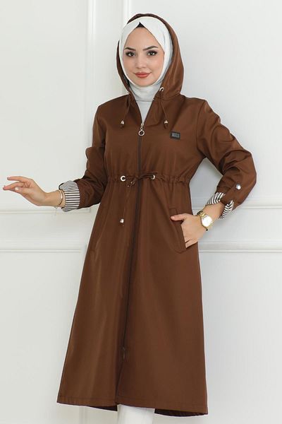 Modamihram Tan 19205 - Hooded and Zippered Trench Coat