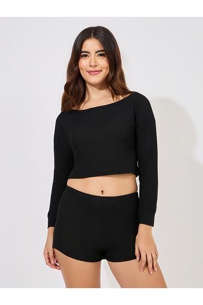 Styli Boat Neck Waffle Knit Top & Shorts Set