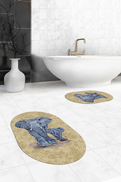 EY HOME Ψηφιακό πλενόμενο αντιολισθητικό μοντέρνο σετ οβάλ τουαλέτας με μοτίβο ελέφαντα διπλό χαλάκι μπάνιου