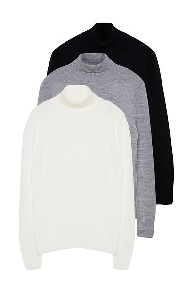 Trendyol Collection Basic garbós fekete-szürke-ekru kötött pulóver szett - TWOAW25KZ00330