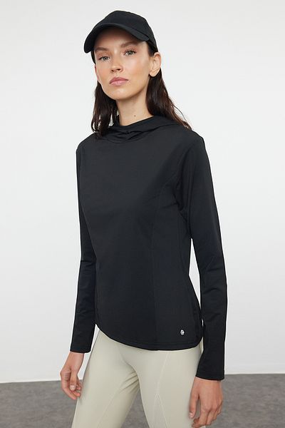 Trendyol Collection Micro Reflector Printed Hooded Black Sport Top - THMAW25BZ00005