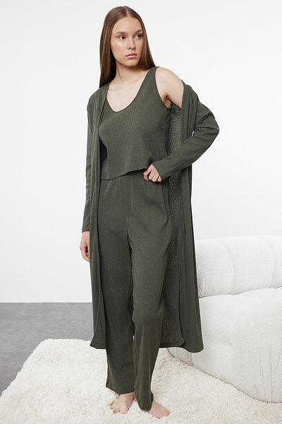 Trendyol Collection Sada pleteného pyžama s khaki šňůrkou - balení 3 kusů Thmaw25pt00008