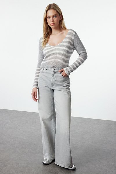Trendyol Collection Gray Striped Soft Knit Sweater - Loose Knit TWOAW25KZ00172