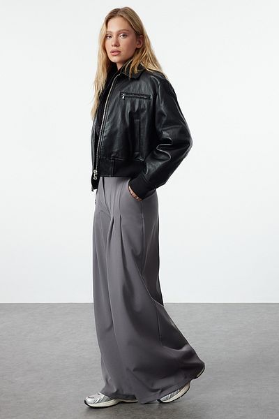Trendyol Collection Anthracite Wide Leg Pleated Trousers - Twoaw25Pl00009