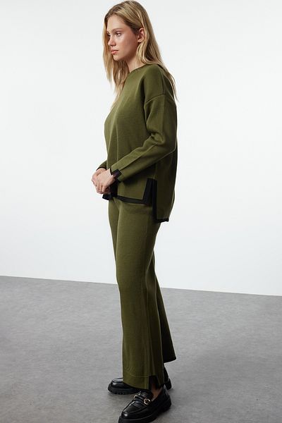 Trendyol Collection Khaki széles szabású kontraszt színű kötöttáru alsó-felső szett TWOAW24AU00062