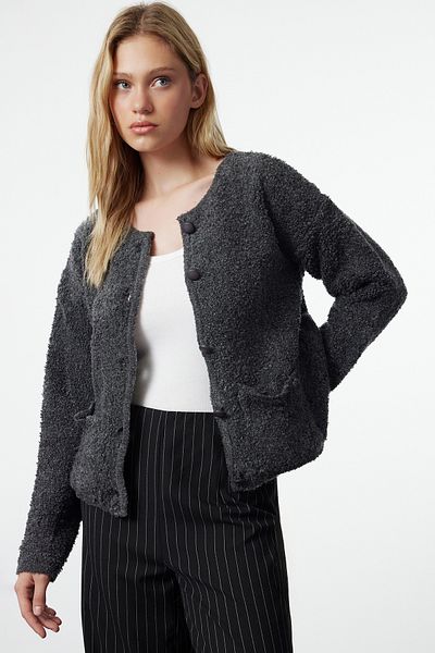Trendyol Collection Anthracite Knitwear Cardigan - Boucle Pocket, TWOAW25HI00126