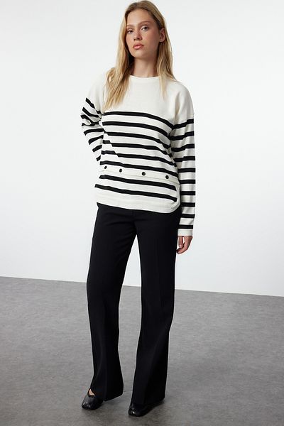 Trendyol Collection Functional Button Detailed Ecru Striped Sweater - TWOAW25KZ00223