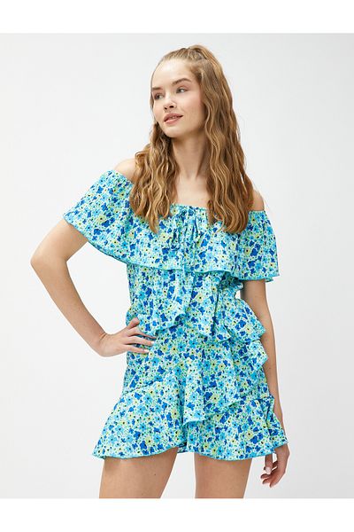Koton Schulterfreier Jumpsuit mit Blumenmuster und Rüschendetail