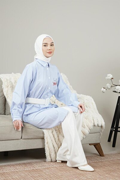 Markosin Women's Stripe Patterned Buttoned Belt Detailed Printed Tunic Shirt ...