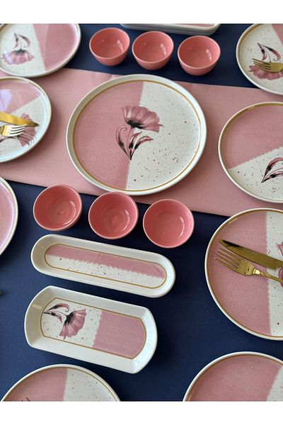 VENÜS HOME DECORATION Pink Bridal 6-Piece 23 Piece Breakfast Set with Tea Plate