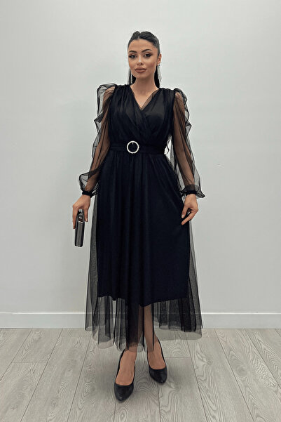 giyimmasalı Φόρεμα με πέτρινη ζώνη από ύφασμα από τούλι με διπλό στήθος - ΜΑΥΡΟ