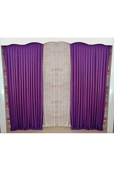 FİGENSİ Lilac Color Background Velvet Curtain Double Wing 1/3 Close Pleated Planting V-36