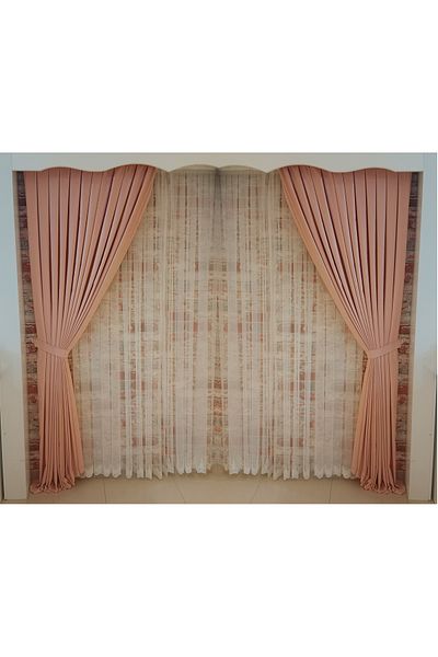 FİGENSİ 1/3 Close Pleated Stitched Velvet Curtain - Light Powder Color, Double Wing V-24