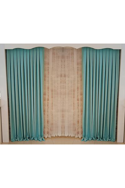 FİGENSİ Light Turquoise Color Background Velvet Curtain Double Wing 1/3 Close Pleated Planting V-21