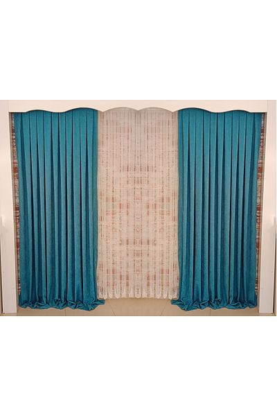 FİGENSİ Dark Turquoise Velvet Curtain - Double Blades, Close Pleated, V-23 Model