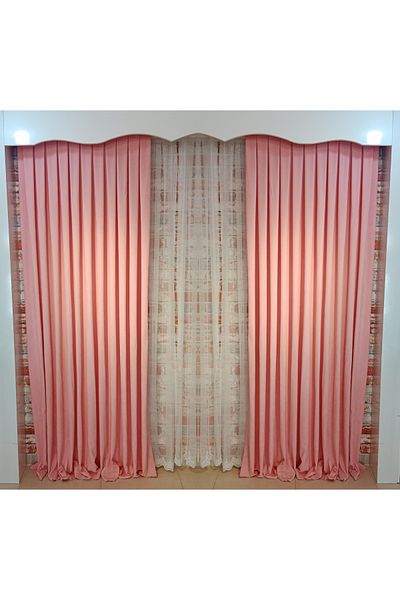 FİGENSİ Pink Color Background Velvet Curtain Double Wing 1/3 Close Pleated Planting V-26