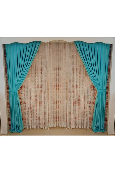 FİGENSİ Turquoise Color Background Velvet Curtain Double Wing 1/3 Close Pleated Planting V-22
