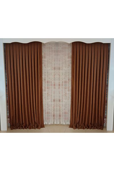 FİGENSİ Brown Colored Double Winged 1/3 Tight Pleated Velvet Curtain - V-12