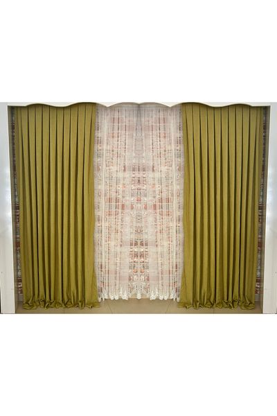 FİGENSİ Light Pistachio Green Velvet Curtain - Double Blades, Close Pleated, V-18 Model