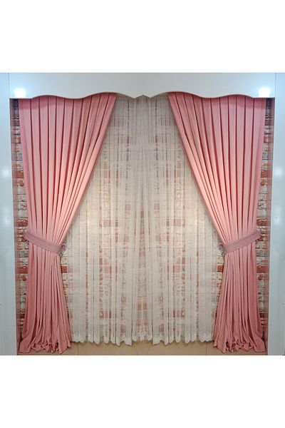 FİGENSİ Pink Color Background Velvet Curtain Double Wing 1/3 Close Pleated Planting V-26