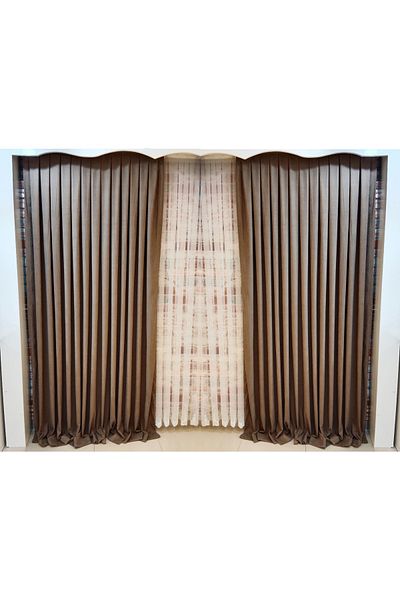 FİGENSİ Medium Brown Color Background Velvet Curtain Double Wing 1/3 Close Pleated Planting V-11