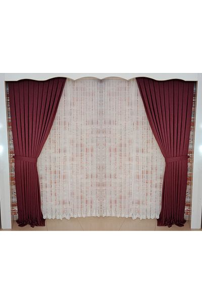 FİGENSİ Plum Color Background Velvet Curtain Double Wing 1/3 Close Pleated Planting V-40