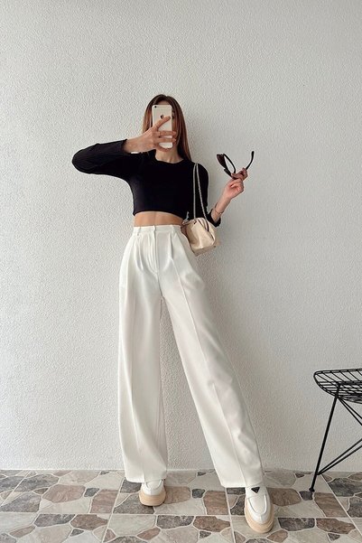 sushe Women's White Wide Leg High Waist Palazzo Pants