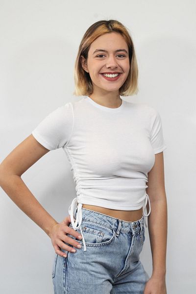 Rosse Butik Women's Ecru Side Gathered Ribbed Crop Knitted T-shirt