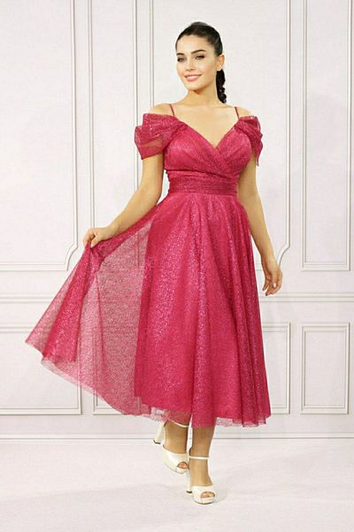 FaBe Fashion Rope Strap Low Sleeve Double Breasted Collar Gathered Waist Midi Glittery Poppy Lace Dress