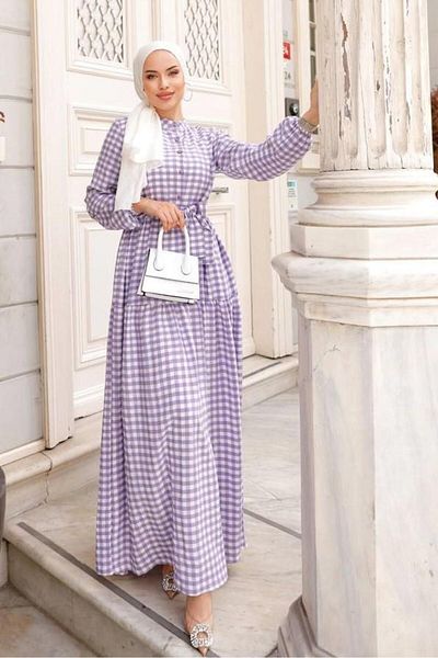 comstar Rochie de damă cu mâneci cu șnur cu model pătrat mov, largi, musulmană