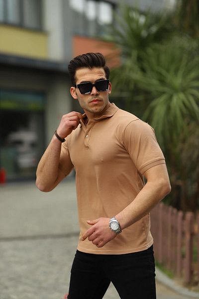 comstar Ανδρικό μπλουζάκι Polo Neck Pocketless Plain Slim Fit Coffee T-shirt